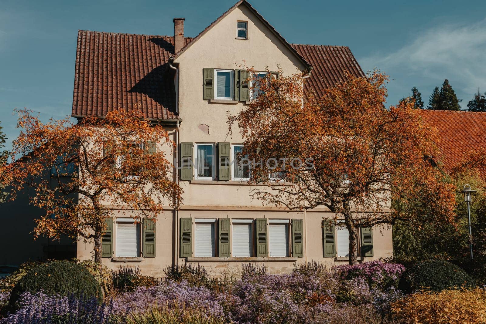 House with nice garden in fall. Flowers in the City Park of Bietigheim-Bissingen, Baden-Wuerttemberg, Germany, Europe. Autumn Park and house, nobody, bush and grenery by Andrii_Ko