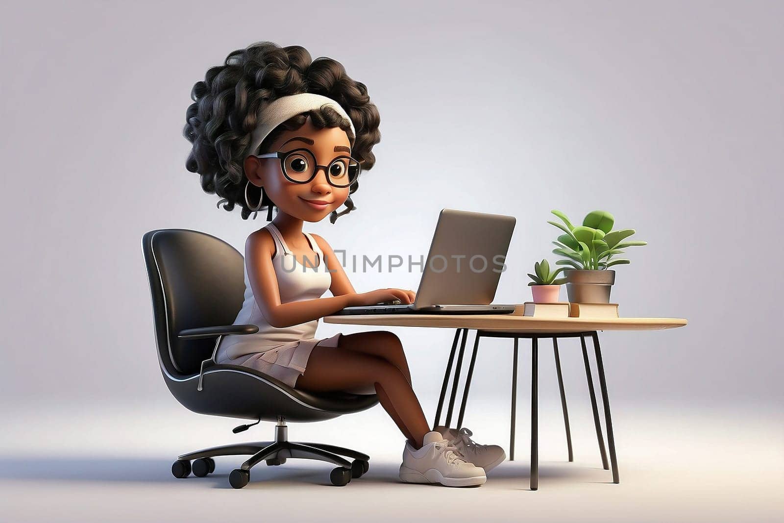 3D Render High Detail of a Cartoon Female Character Working on laptop, isolated on background