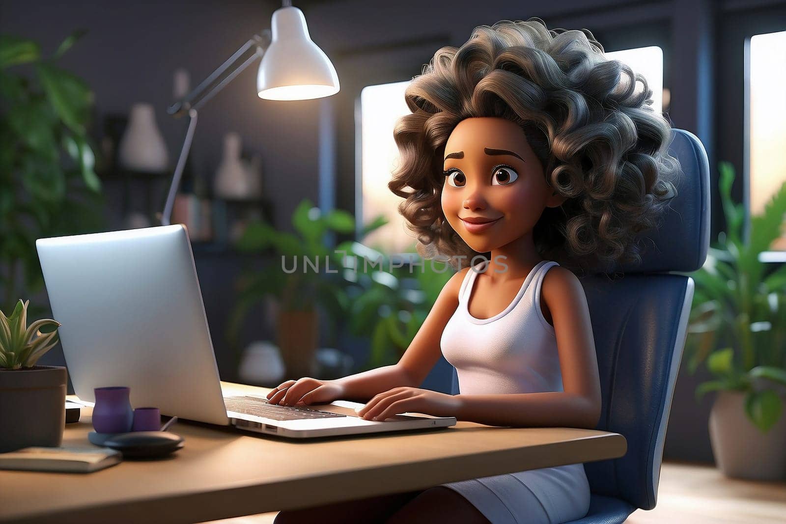 3D Render High Detail of a Cartoon Female Character Working on laptop, isolated on background