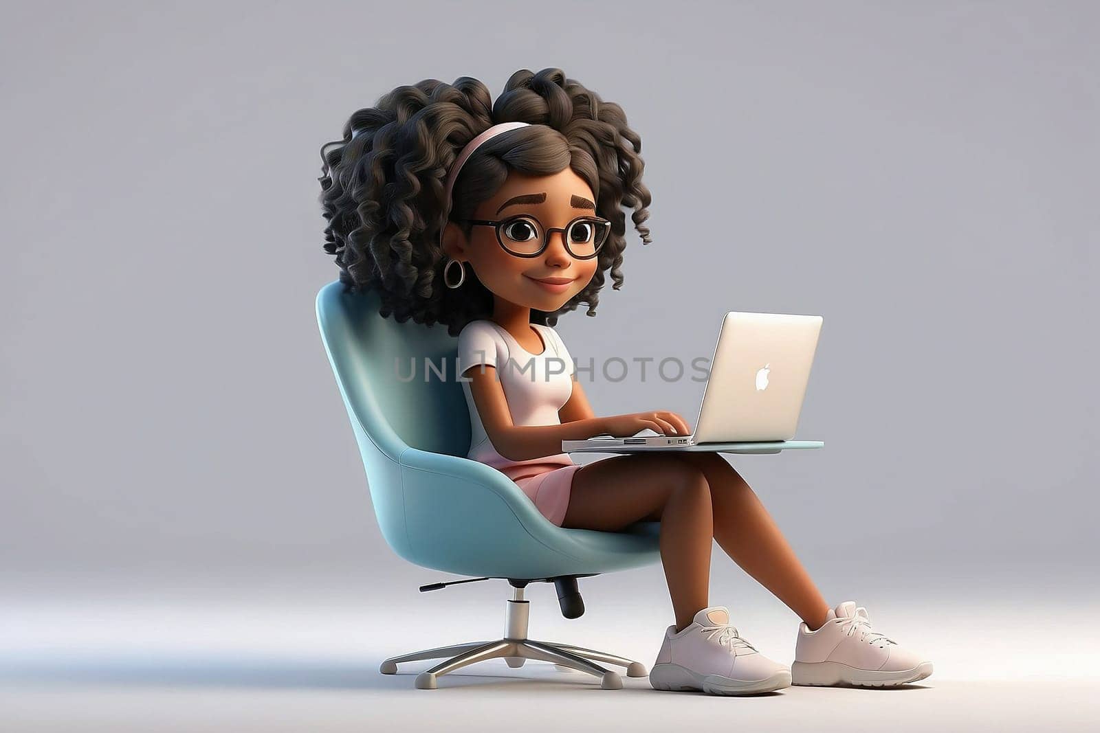 3D Render High Detail of a Cartoon Female Character Working on laptop, isolated on background