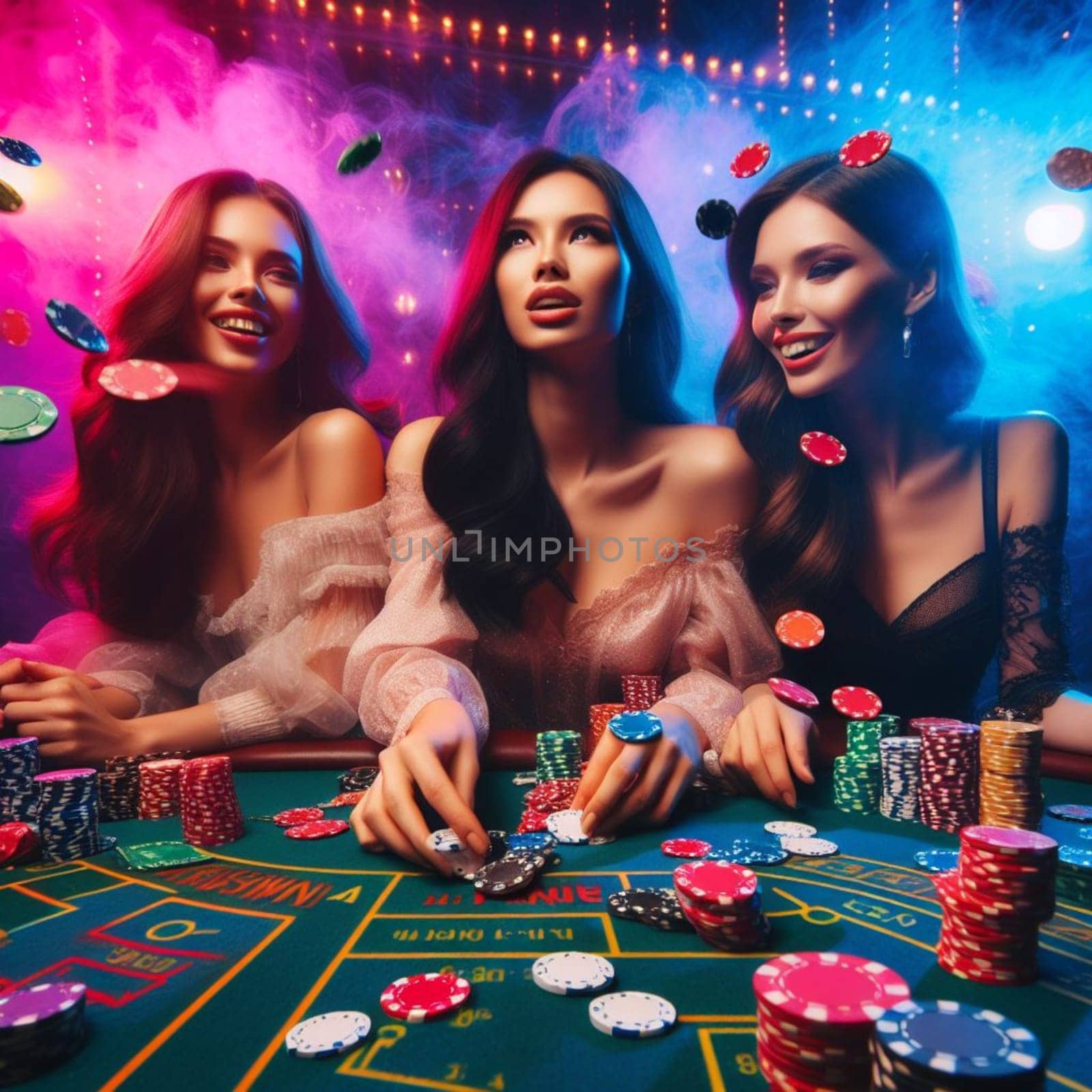 elegant women, dressed in stylish attire, are engaged in a game of craps at a bustling casino. by verbano