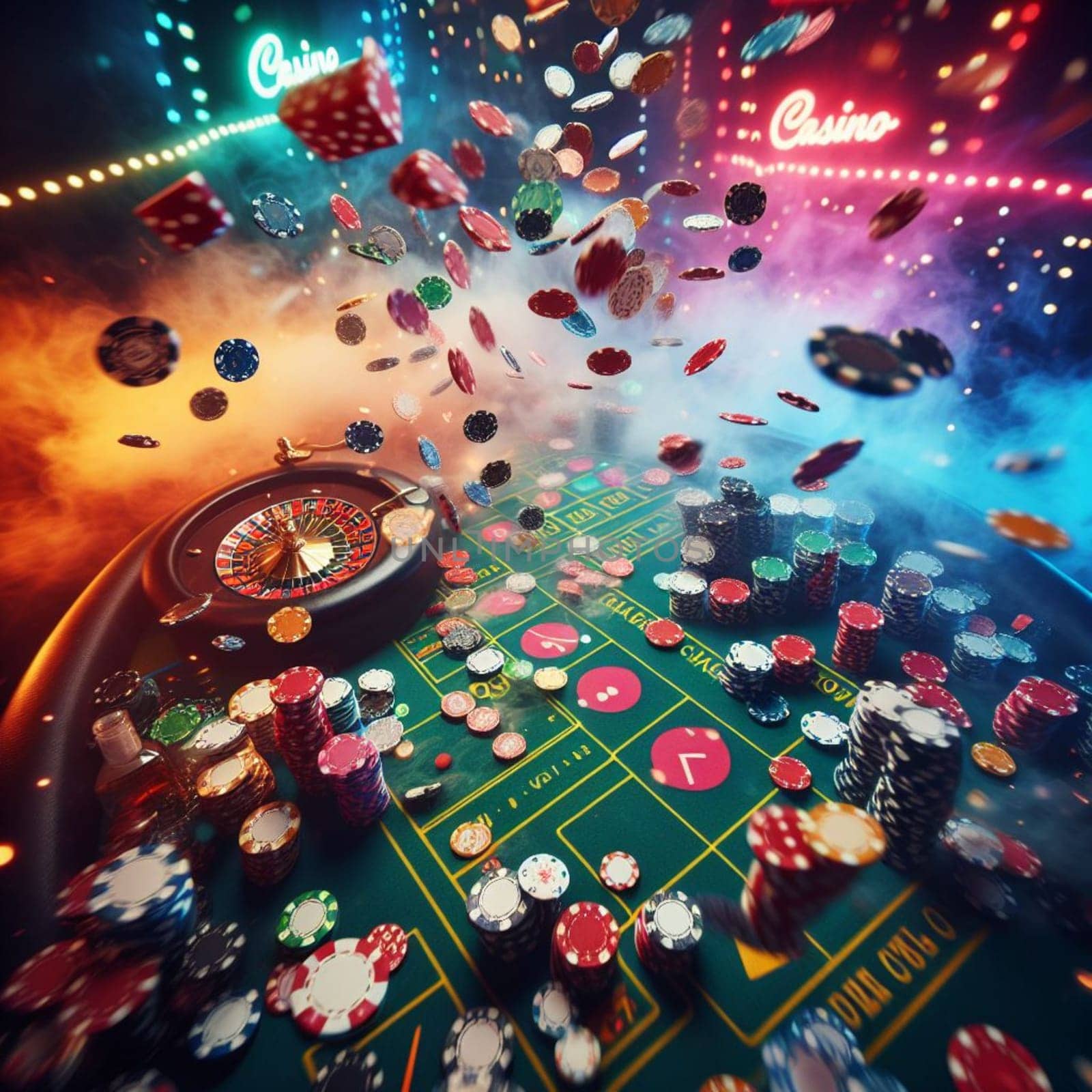 flying chips dices and cards in casino setting colorful illustration by verbano