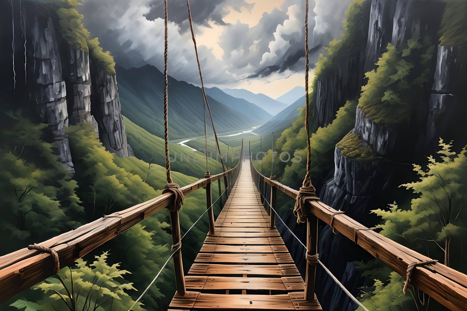wooden bridge over an abyss in the mountains . AI generated image.