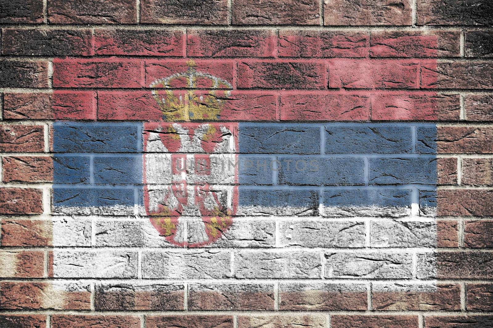 Serbia flag on old brick wall by VivacityImages