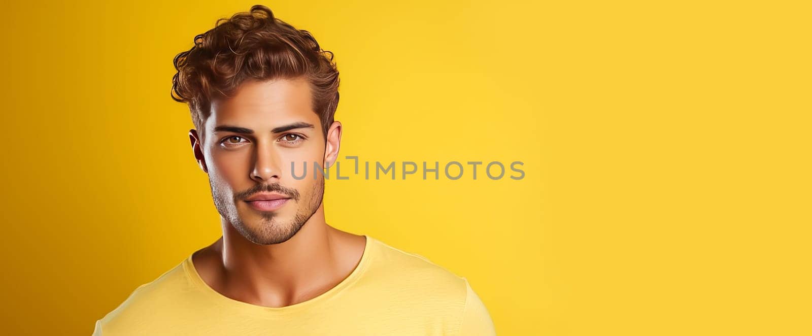 Portrait of an elegant sexy handsome serious Latino man with perfect skin, on a yellow background. Advertising of cosmetic products, spa treatments shampoos and hair care products, dentistry and medicine, perfumes and cosmetology for men