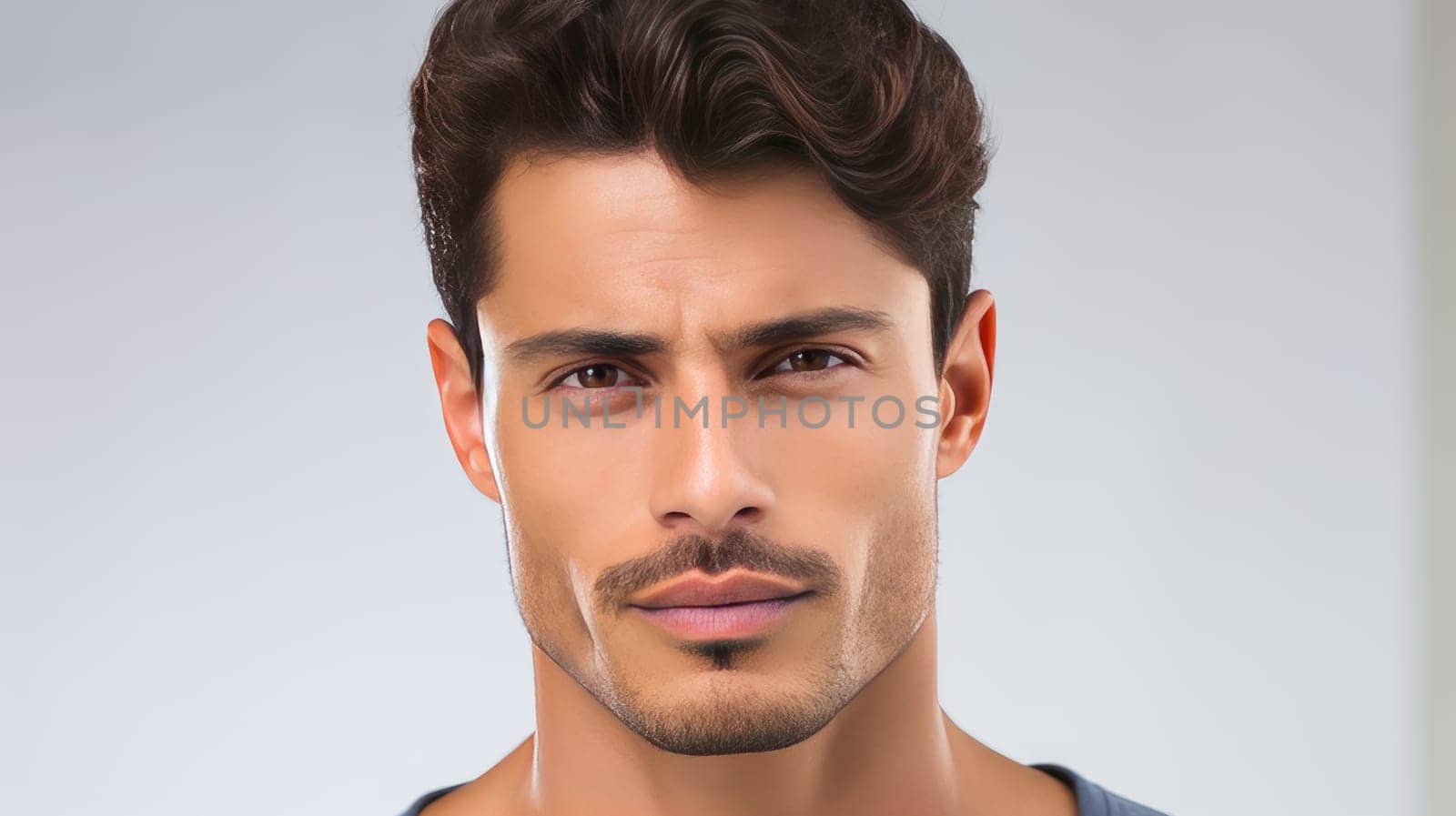 Portrait of an elegant sexy handsome serious Latino man with perfect skin, on a gray background. Advertising of cosmetic products, spa treatments shampoos and hair care products, dentistry and medicine, perfumes and cosmetology for men