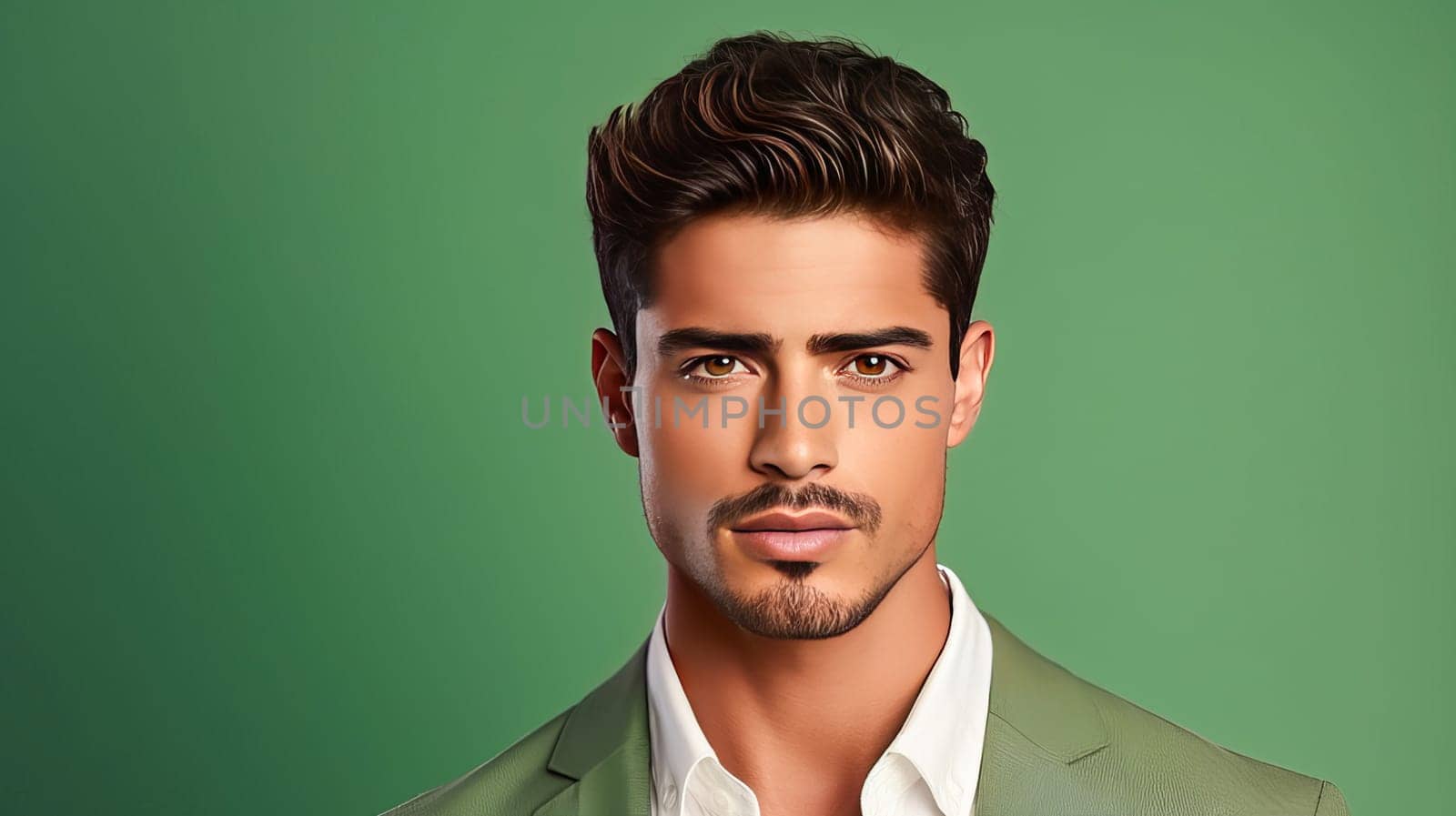 Portrait of an elegant sexy handsome serious Latino man with perfect skin, on a light green background. Advertising of cosmetic products, spa treatments shampoos and hair care products, dentistry and medicine, perfumes and cosmetology for men