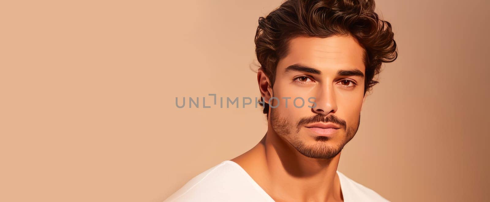 Portrait of an elegant sexy handsome serious Latino man with perfect skin, on a creamy beige background. Advertising of cosmetic products, spa treatments shampoos and hair care products, dentistry and medicine, perfumes and cosmetology for men