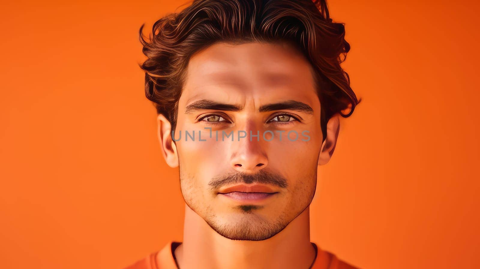 Portrait of an elegant sexy handsome serious Latino man with perfect skin, on an orange background. Advertising of cosmetic products, spa treatments shampoos and hair care products, dentistry and medicine, perfumes and cosmetology for men