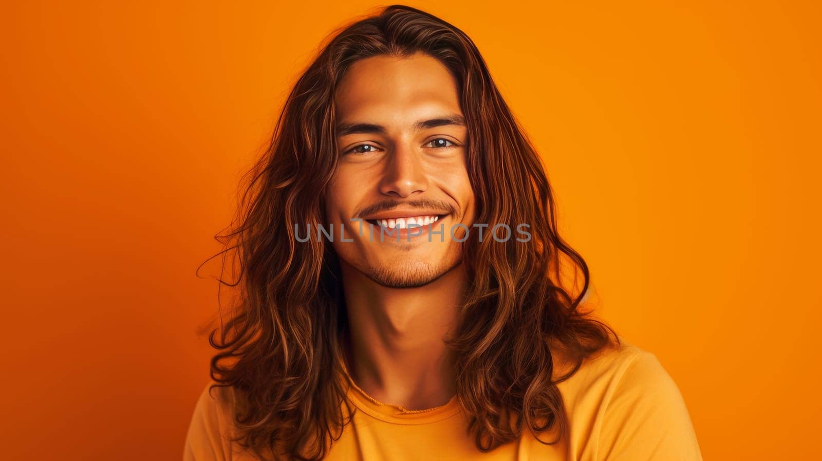 Portrait of an elegant sexy smiling Latino man with perfect skin and long hair, on an orange background. by Alla_Yurtayeva