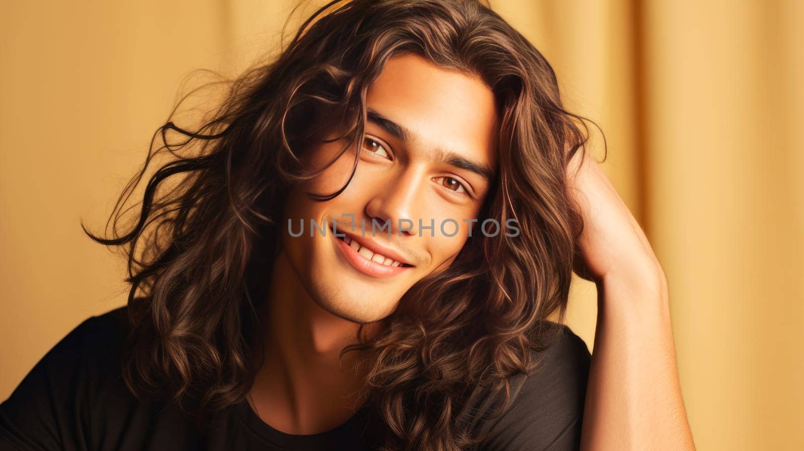 Portrait of an elegant sexy smiling Latino man with perfect skin and long hair, on a beige background. by Alla_Yurtayeva