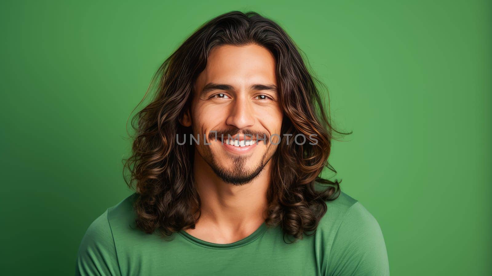 Portrait of an elegant sexy smiling Latino man with perfect skin and long hair, on a green background. Advertising of cosmetic products, spa treatments shampoos and hair care products, dentistry and medicine, perfumes and cosmetology for men