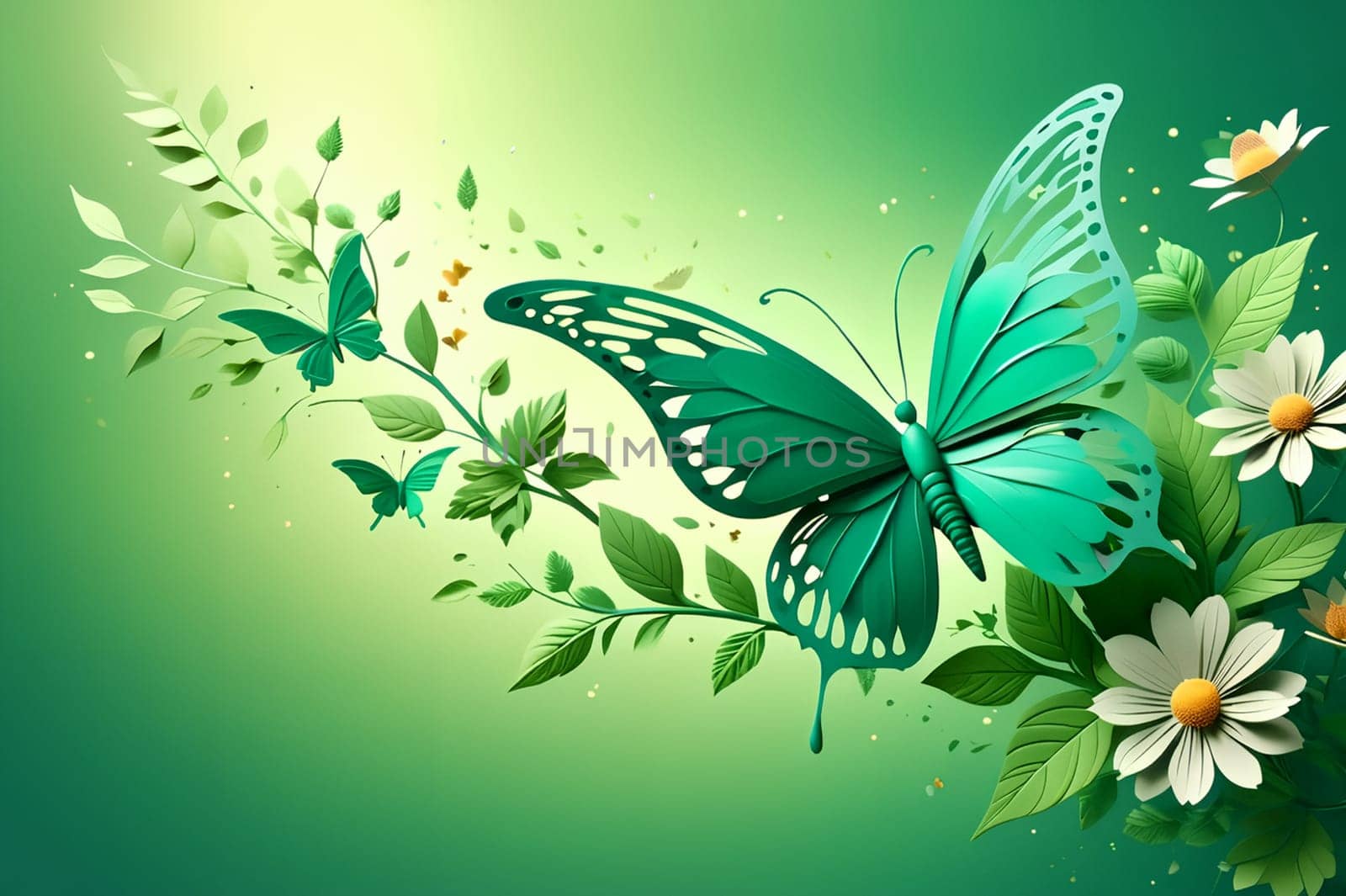 butterfly on flowers isolated on light green background, 3D picture . AI generated image.