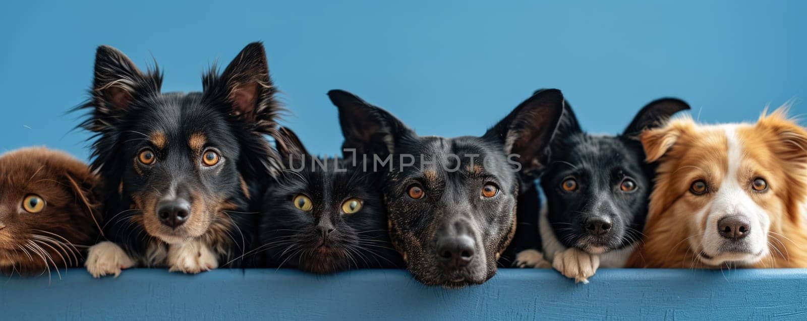 The picture of front view and close up of the multiple group of the various cat and dog in front of the bright blue background that look back to the camera with the curious and interest face. AIGX03.