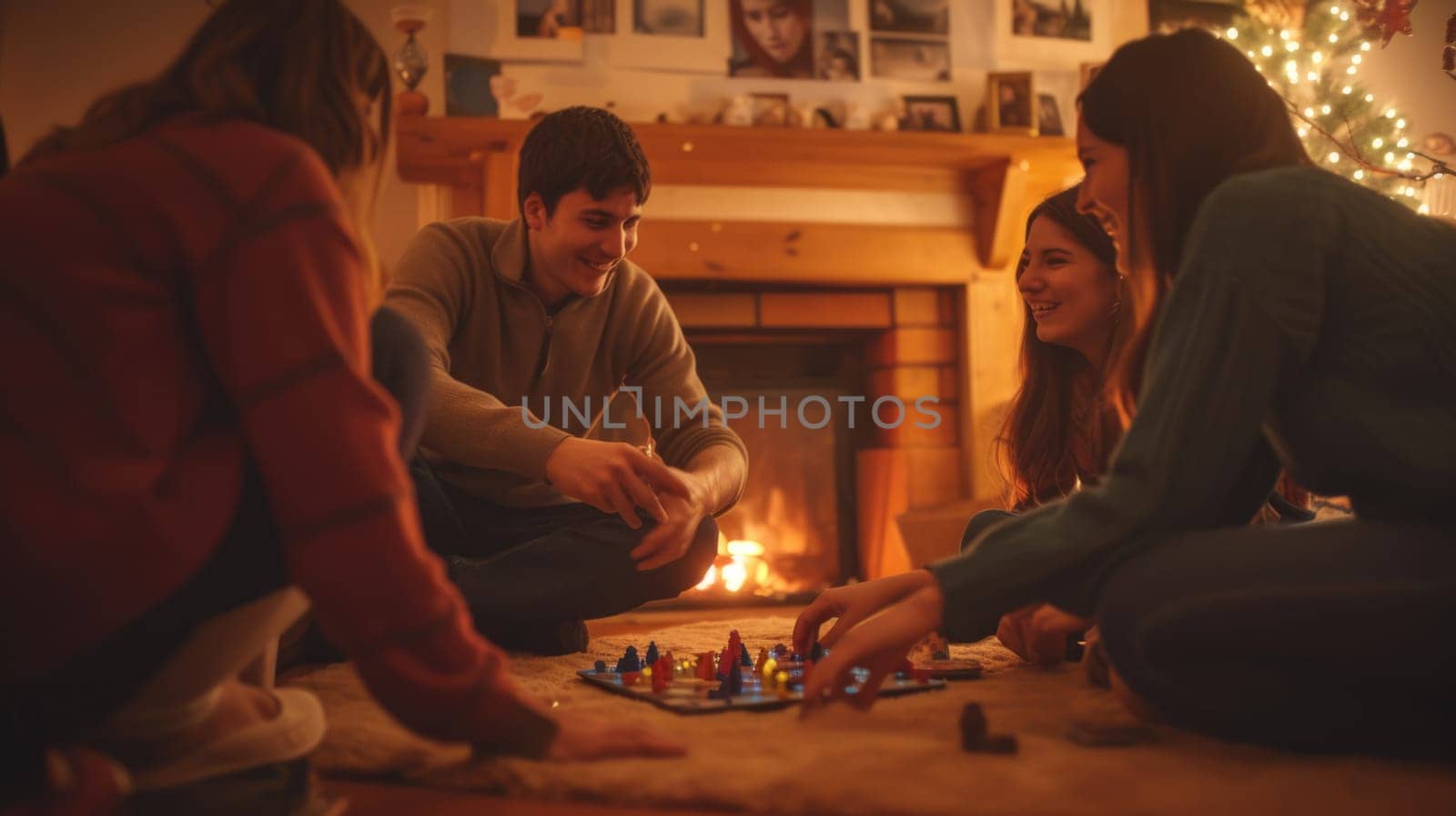 The family is sitting on the hardwood floor, sharing a fun board game event in front of the fireplace, enjoying the warmth and darkness. AIG41