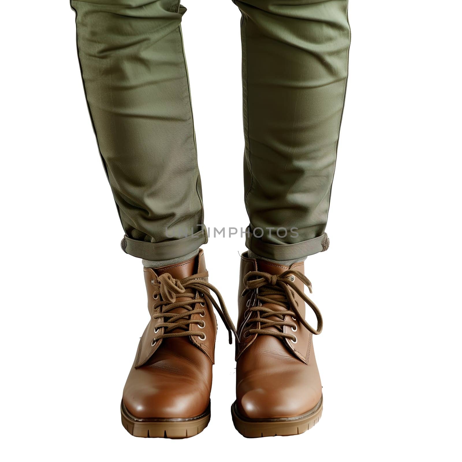 Front view of leather boots and green trousers ai generated image