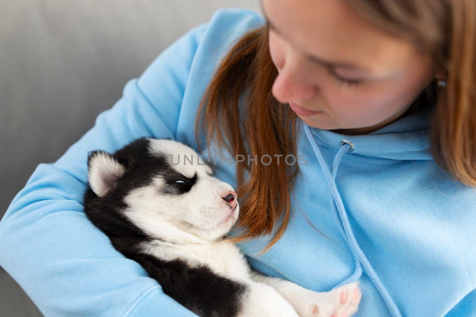 Close-up of woman holding sleeping husky puppy. Pet care and love for animals concept. Design for greeting card, invitation, and poster