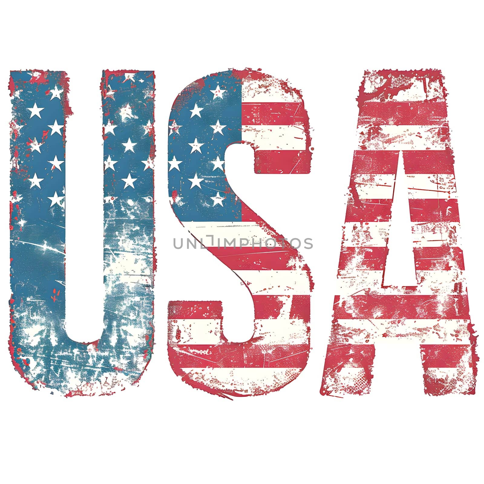 The word USA is elegantly displayed in electric blue and carmine colors, resembling the American flag. The font and graphics create a patriotic symbol within a rectangular art pattern