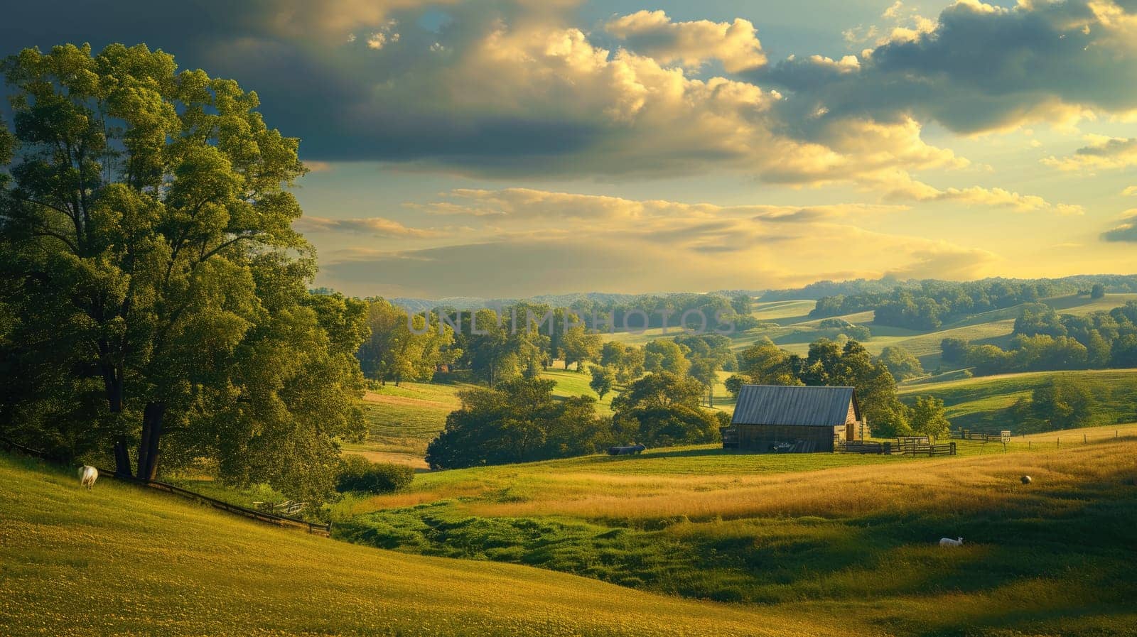 A serene landscape showcasing a rustic farmhouse with a red roof, surrounded by green pastures and grazing cattle under a dramatic stormy sky. Resplendent.