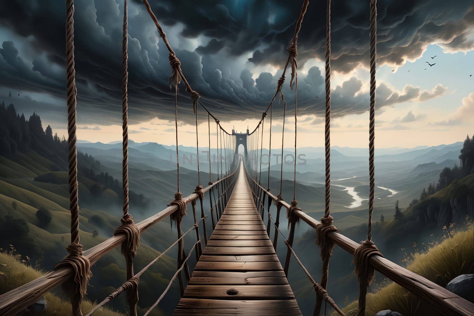 wooden bridge over an abyss in the mountains . AI generated image.
