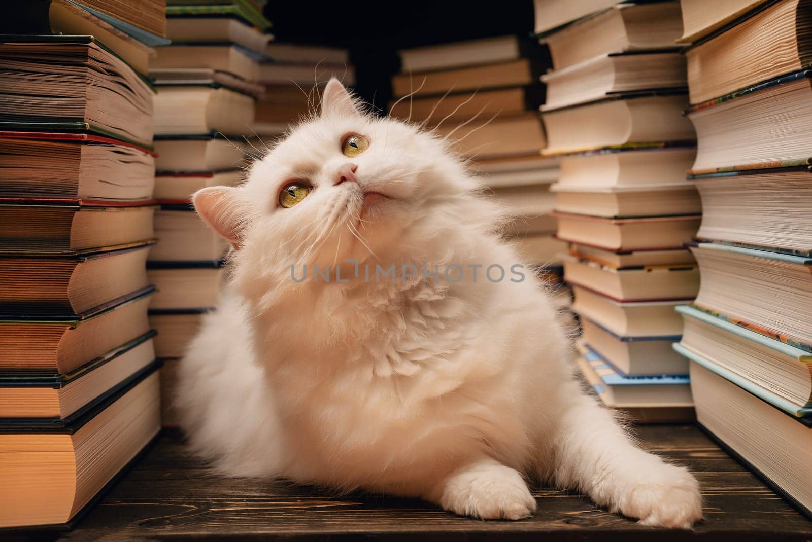 Clever beautiful white cat between books stacks in library. Domestic scientist kitty. Student pets, whisker in school. Smart animal. Education, science, knowledge concept. by kristina_kokhanova