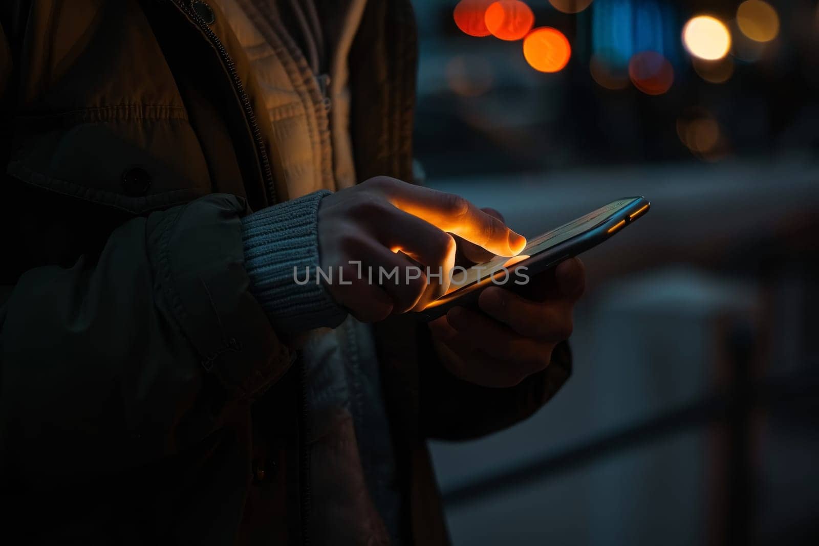 Close-up of hands holding a smartphone with a glowing screen in the dark