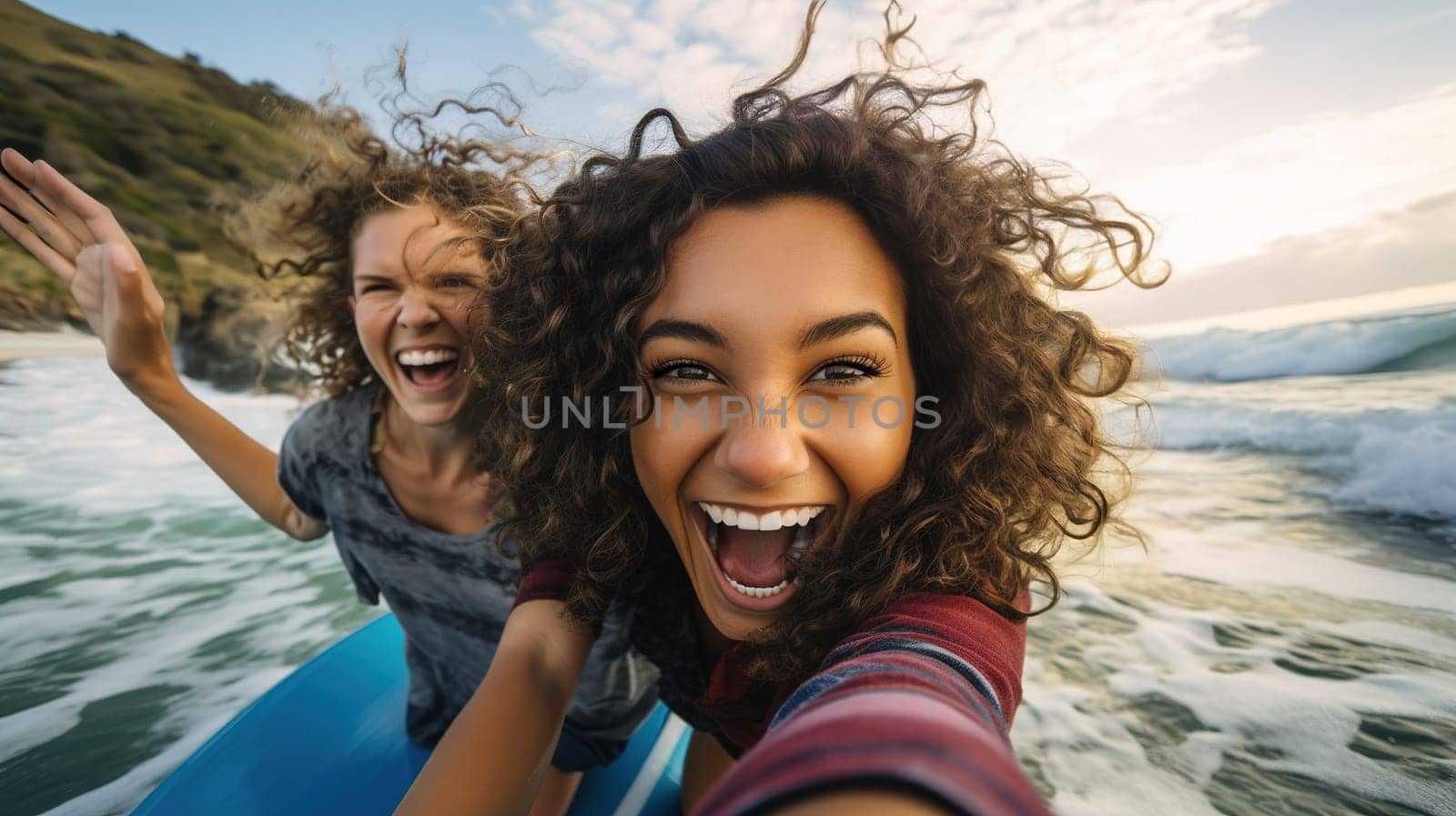 Laughing happy curly teenage girls on surfboard taking selfie with fisheye lens among waves in ocean on sunny summer day, sporty zoomer lifestyle, Generated AI