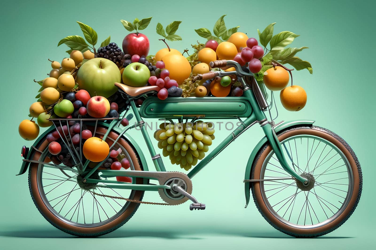bike with lots of fruits . AI generated image.