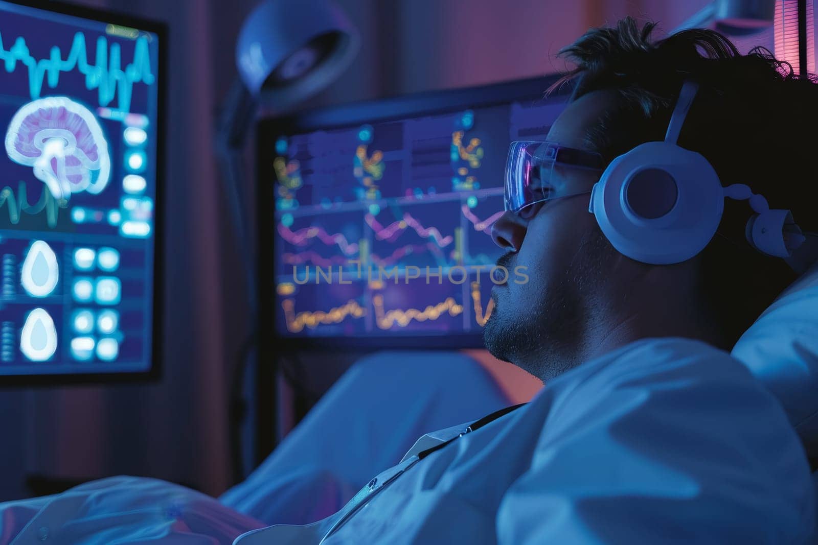 A researcher intensely studies sleep pattern data on multiple computer monitors. The room glows with screens, highlighting the modern approach to science