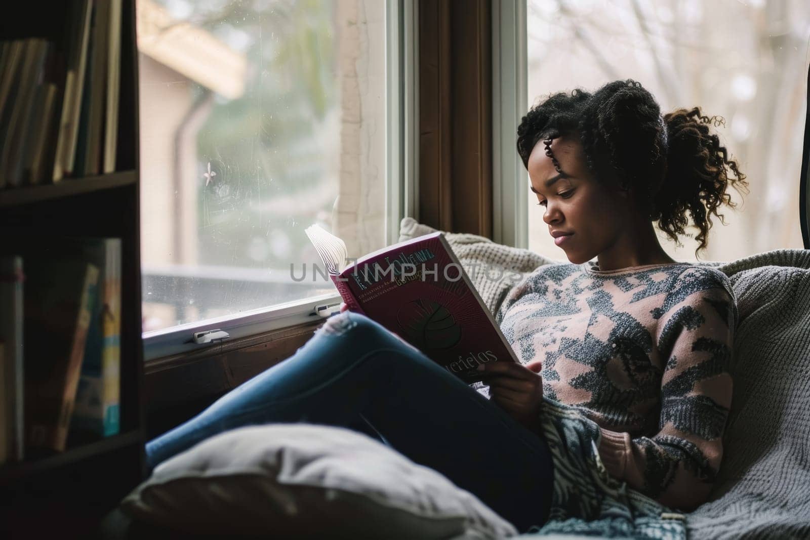 A young woman absorbed in a book by the window, the tranquility of a winter day enhancing her reading experience. The scene embodies the quiet pleasure of literary escape