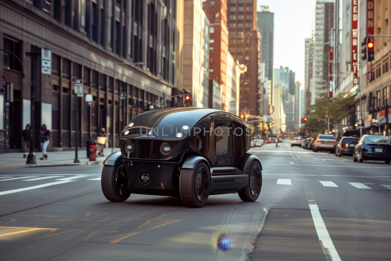 A futuristic autonomous car navigates through the bustling city streets at twilight, showcasing cutting-edge technology in urban transportation. The car's sleek design and illuminated panels highlight the blend of innovation and style