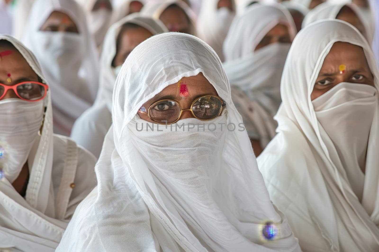A group of Indian women clad in traditional white saris gather under the bright sun, their expressions reflecting the gravity of the occasion. The red markings on their foreheads stand out against the purity of their attire, suggesting a cultural or religious significance