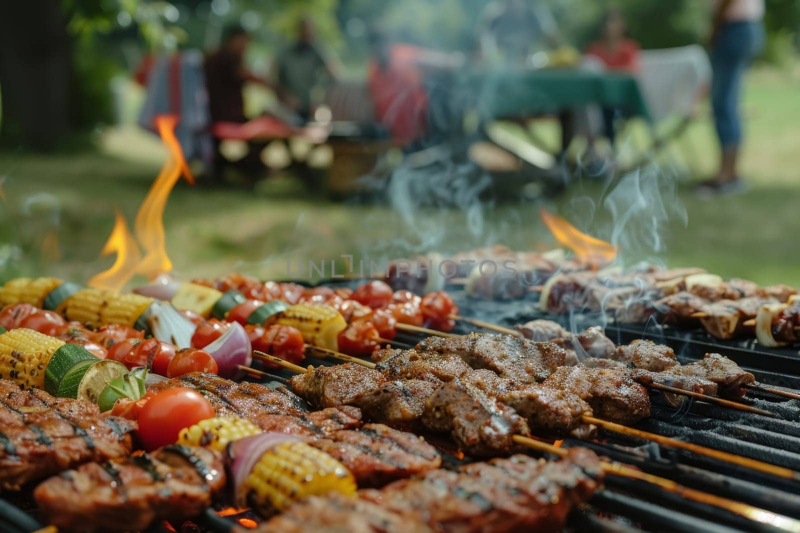 A rich Eid barbecue displays a feast of grilled delicacies, celebrating cultural diversity and togetherness. The vibrant array of foods invites sharing and festivity