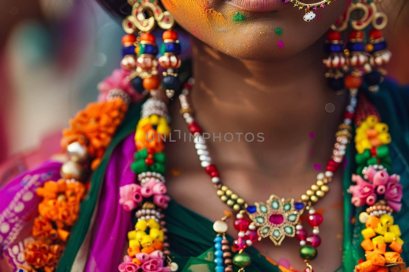 Artisanal jewelry inspired by the Holi festival adorns a person amidst the celebration, vibrant colors dusting their skin. The intricate beads and patterns celebrate the diversity and joy of this cultural event