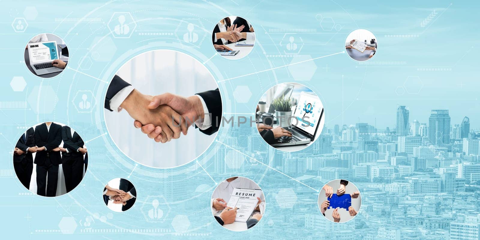 Teamwork and human resources HR management technology concept in corporate business with people group networking to support partnership, trust, teamwork and unity of coworkers in office vexel