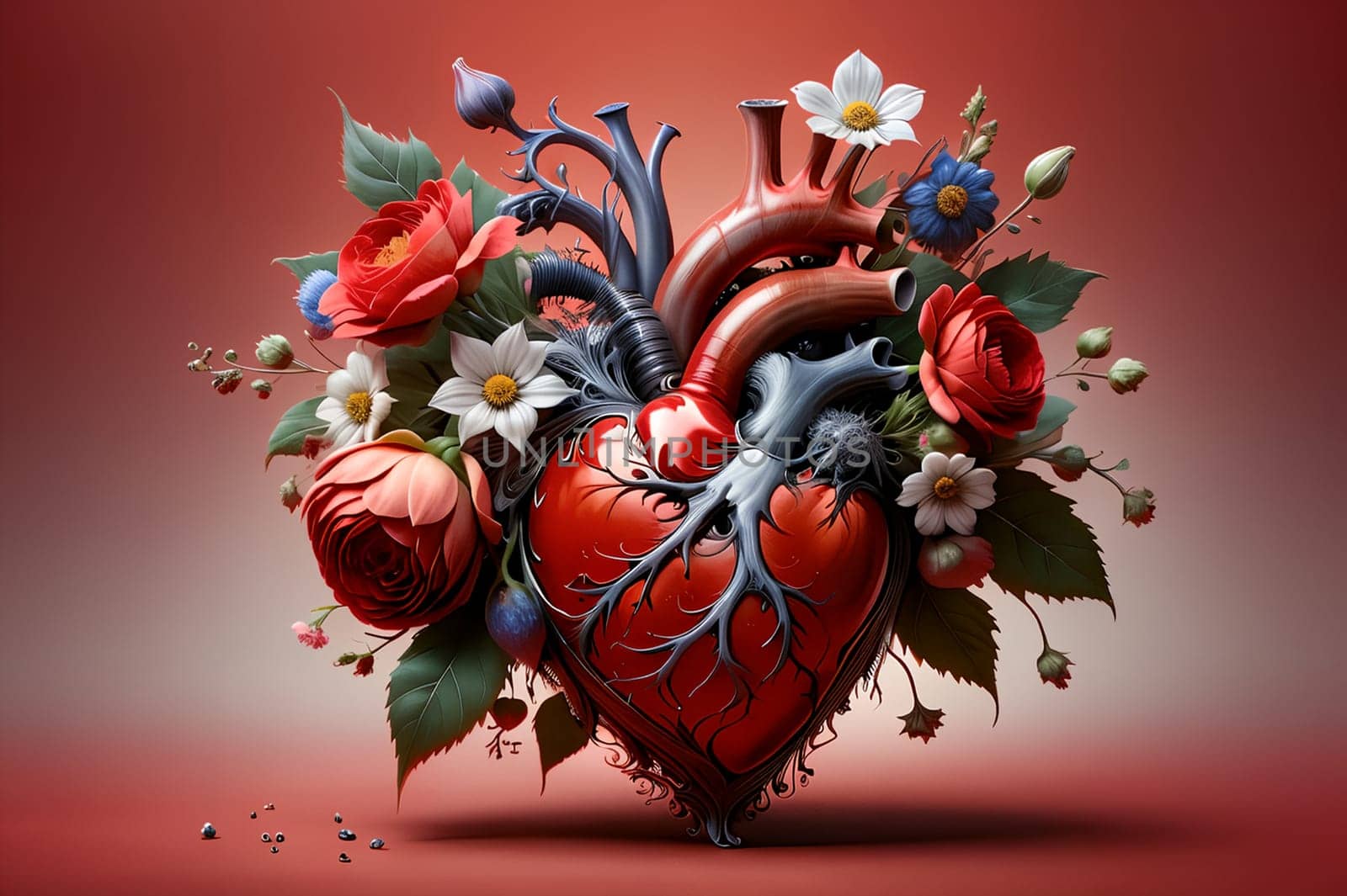 kind heart in flowers. AI generated image.