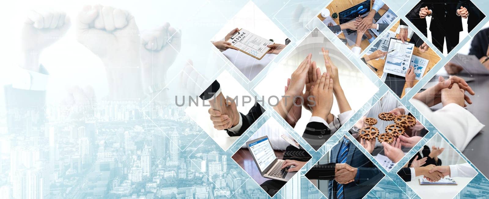 Teamwork and human resources HR management technology concept in corporate business with people group networking to support partnership, trust, teamwork and unity of coworkers in office vexel