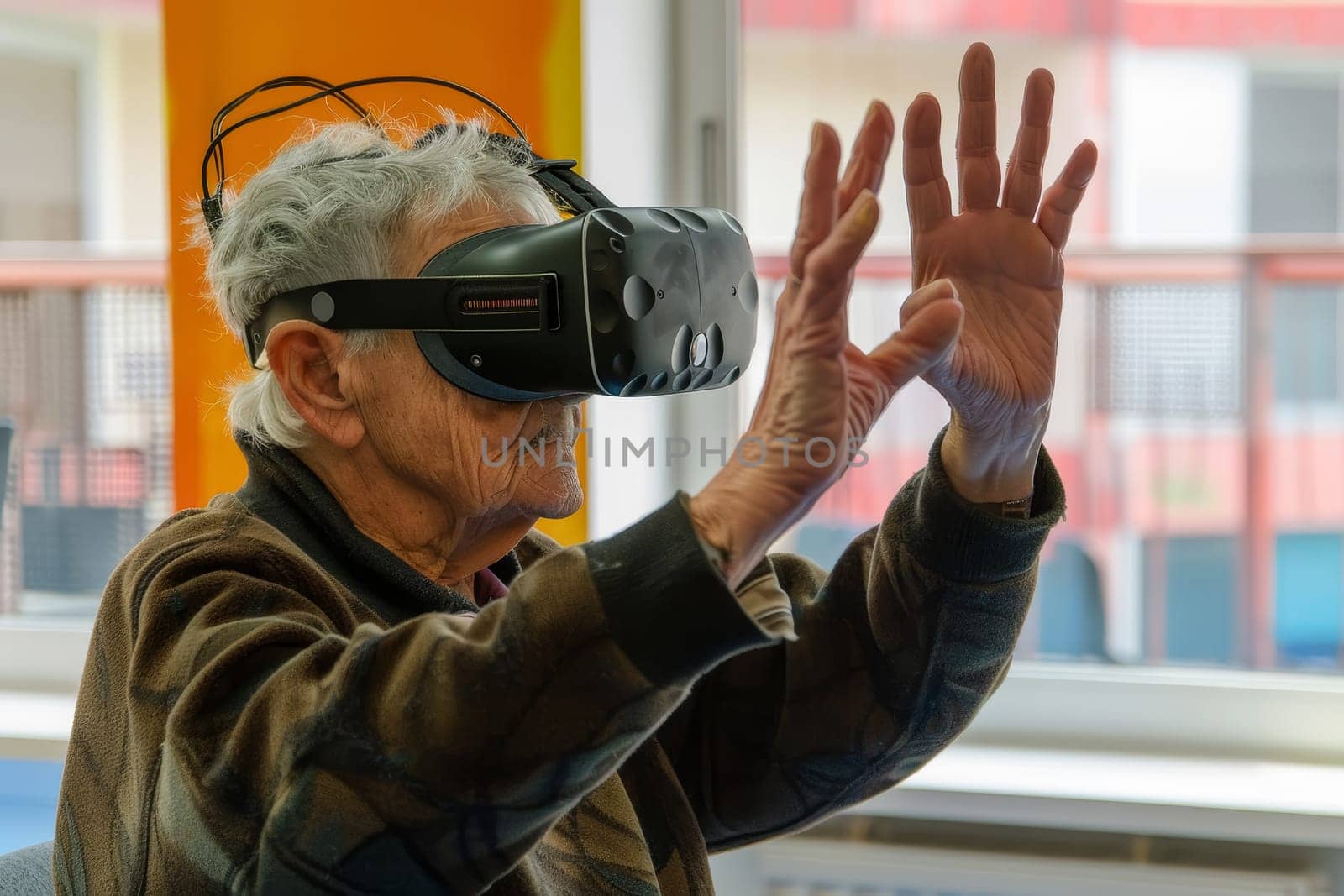 An elderly person is engaged with a virtual reality headset, gesturing with their hands. The VR experience appears immersive, showcasing technology's reach across generations