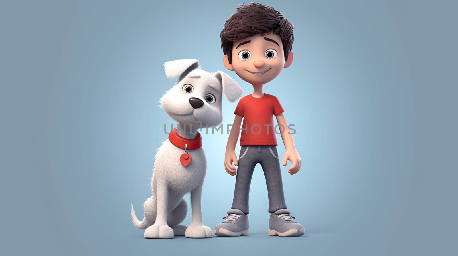 A cheerful cartoon illustration of a young boy with his animated dog friend - generative AI
