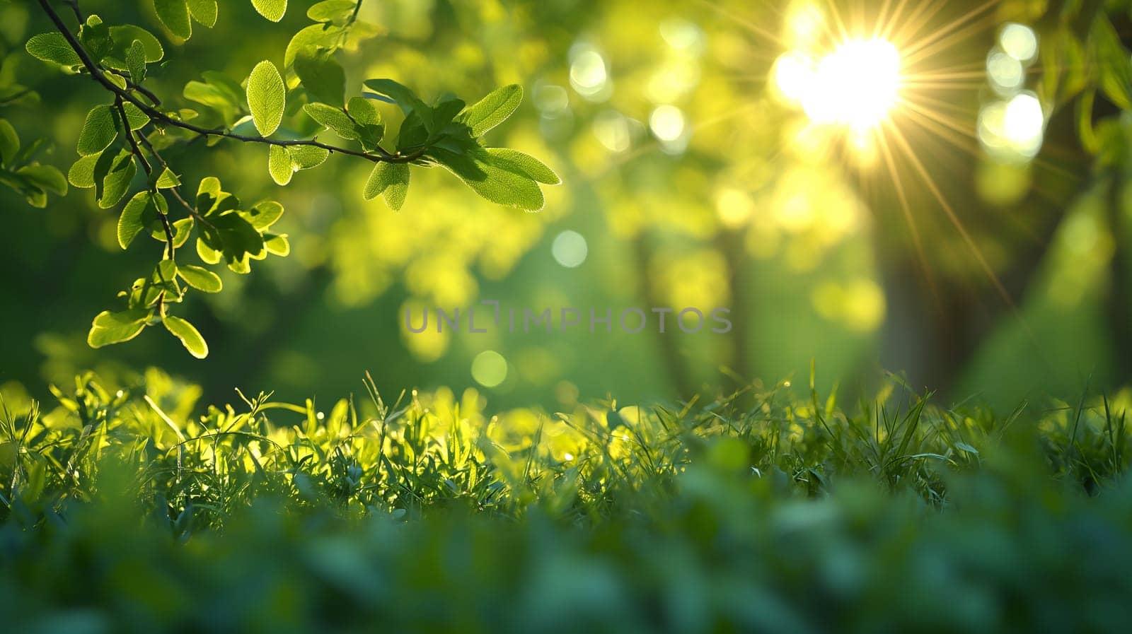 A serene dawn breaks as warm sunlight filters through the vibrant green leaves of a lush garden, heralding a new day - springtime background - Generative AI