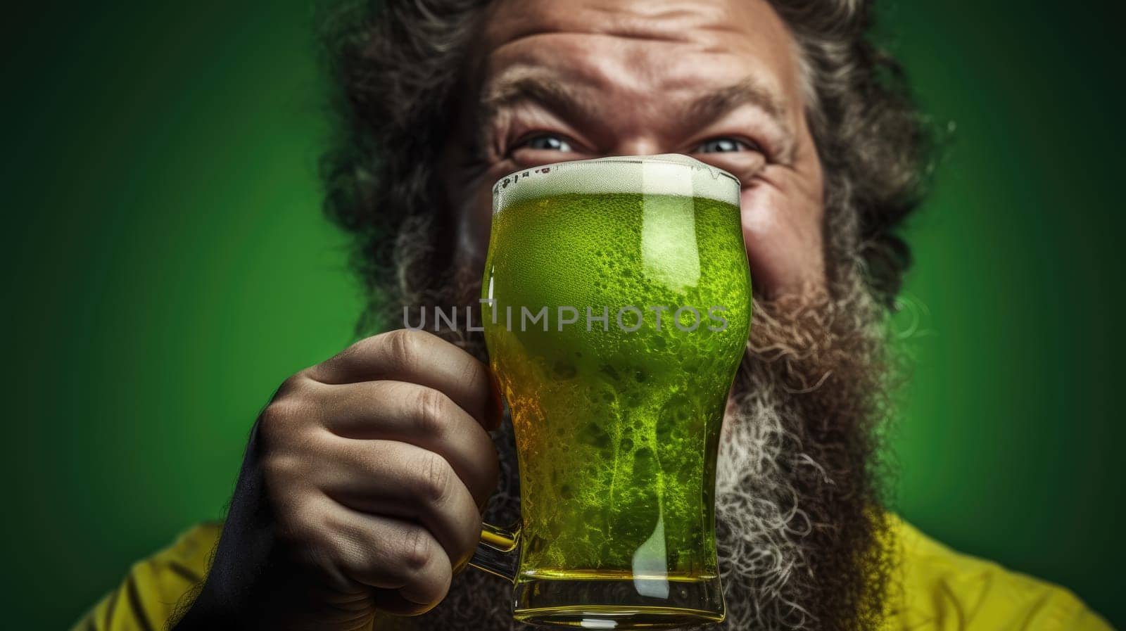 Bearded man in green shirt holding glass of green beer, happy expression. The man is outdoors with a blurred background. The beer is held in his right hand, partially covered by his beard.