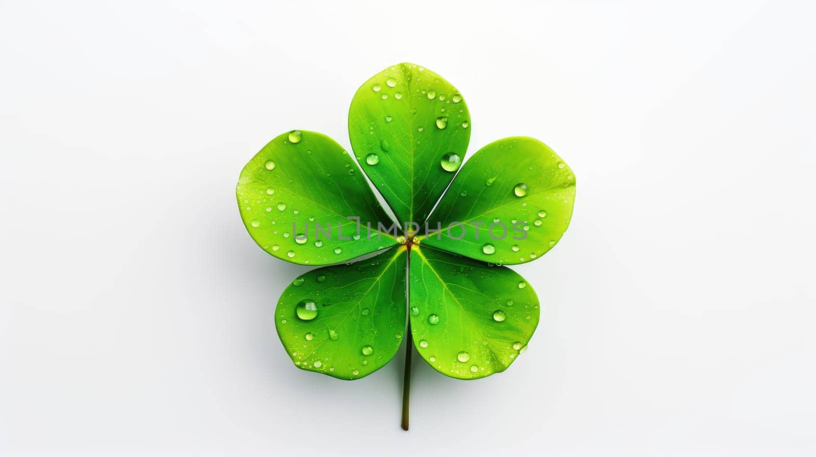 Fresh green four-leaf clover on white background, St. Patricks Day luck. by JuliaDorian