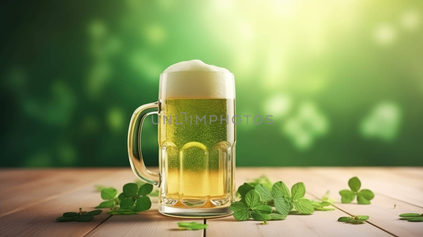 Cold Beer with foam in a mug with Four-Leaf Clovers on green background, St. Patricks Day Celebration by JuliaDorian