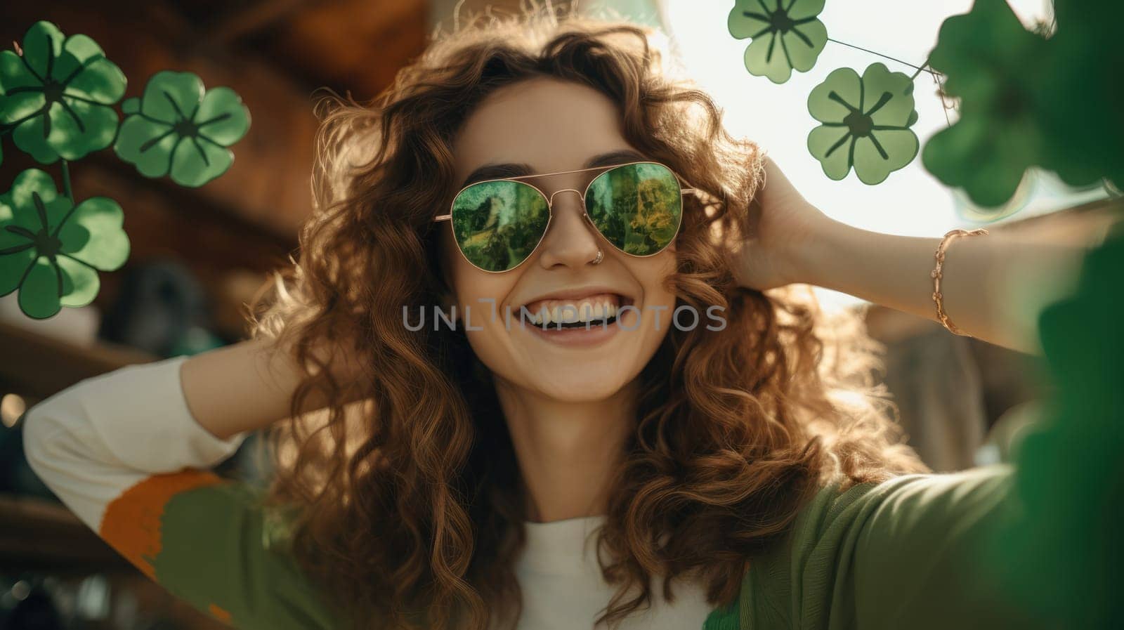 Close-up portrait of a young woman with brown hair, wearing stylish sunglasses. Her radiant smile exudes confidence and happiness as she poses in a studio setting against a vibrant green background.