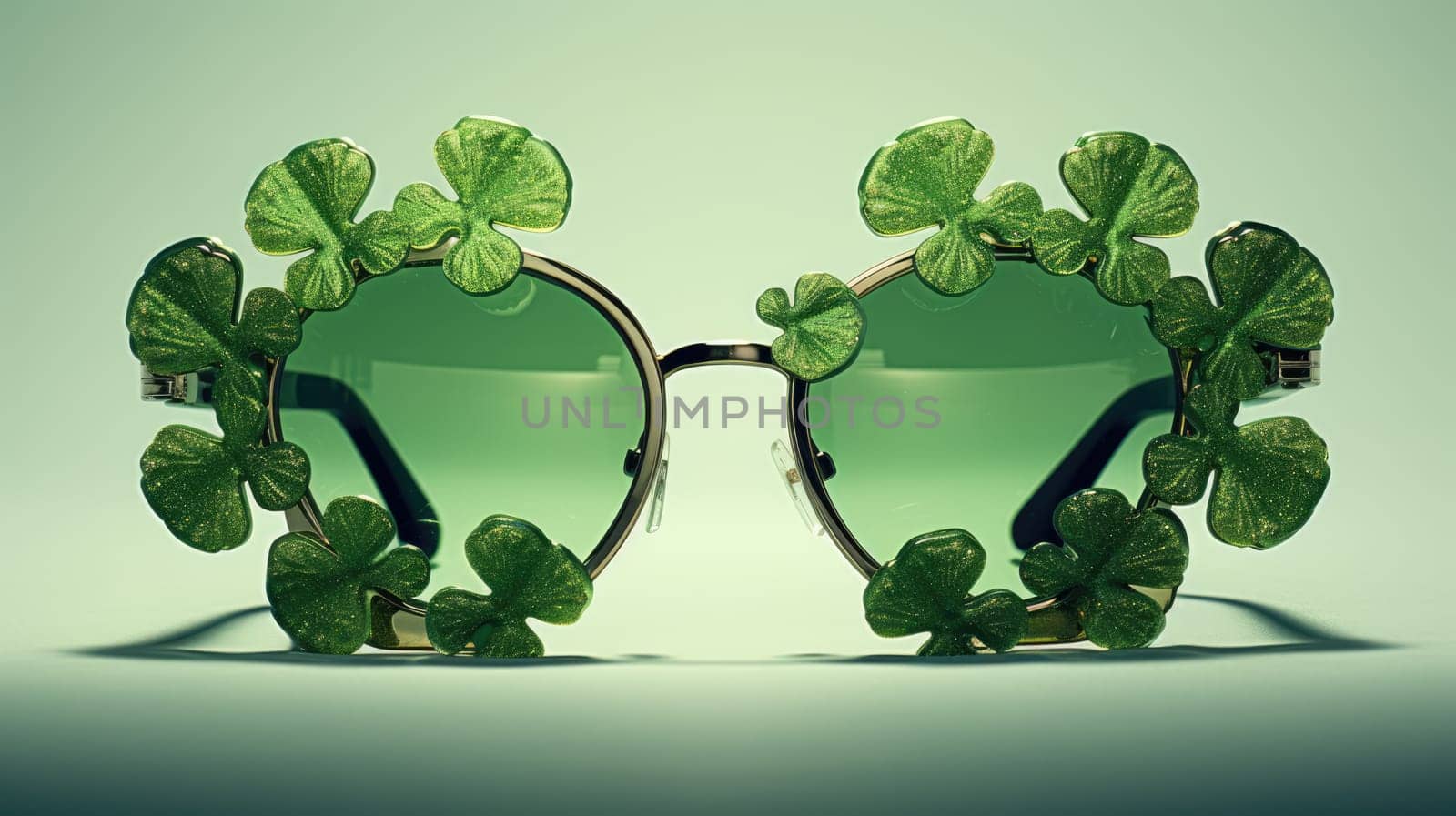 Fashionable Vintage Green Sunglasses with Four-Leaf Clovers on green background. St Patricks Day by JuliaDorian