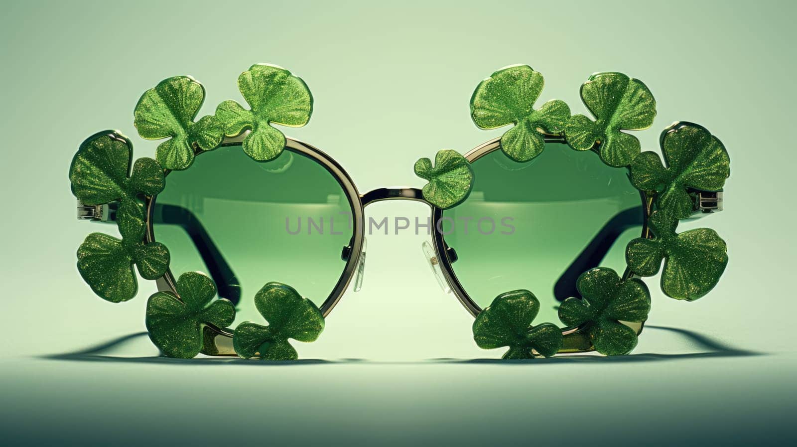 These stylish brown retro sunglasses with circular frames rest elegantly on a bed of vibrant green four-leaf clovers, basking in the warm glow of the sunlight in a picturesque scene.