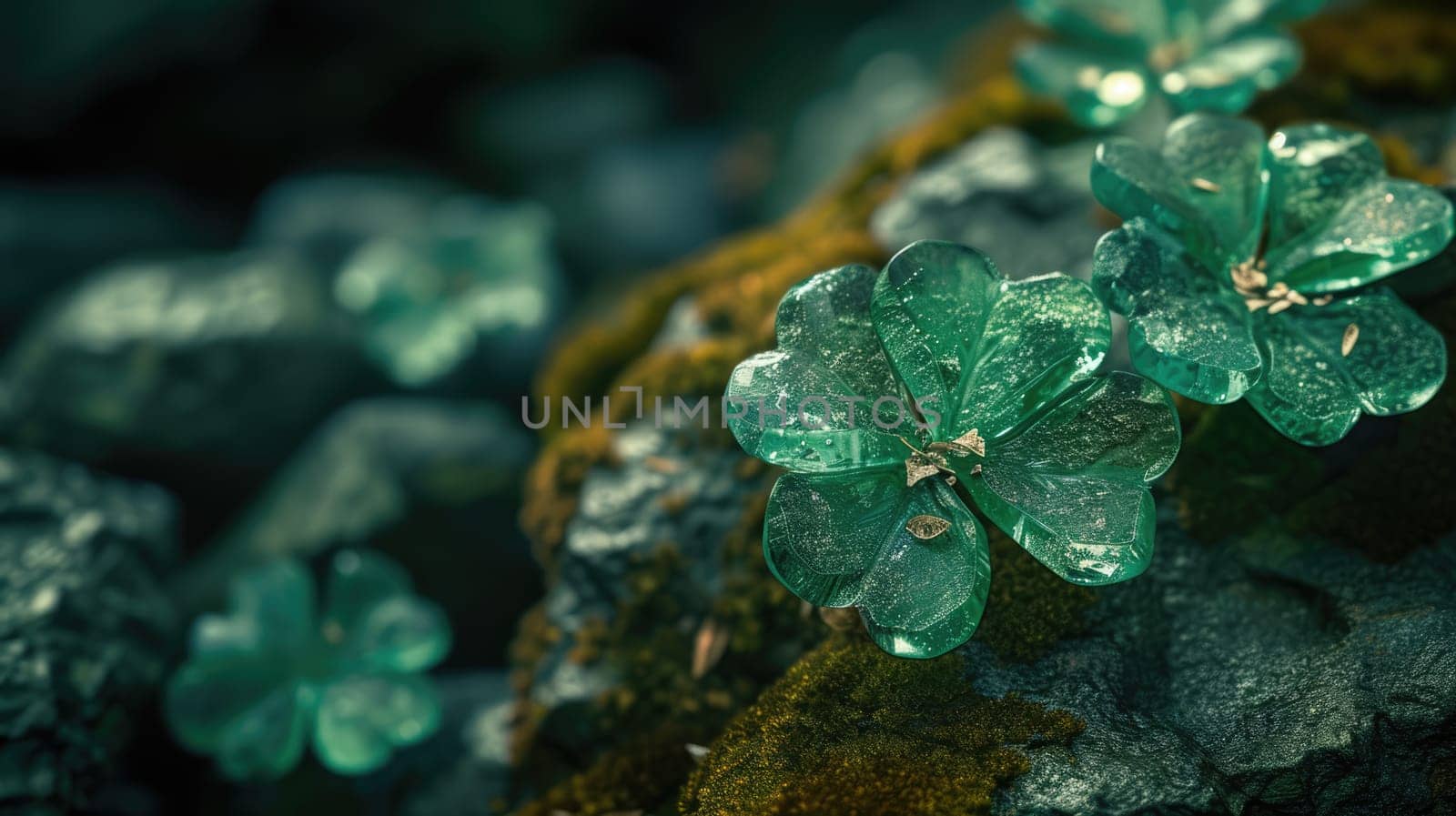 Delicate dewdrop on a lush green four-leaf clover in the morning sun. Natural floral background with copy space. Selective focus. Blurred background with beautiful bokeh.