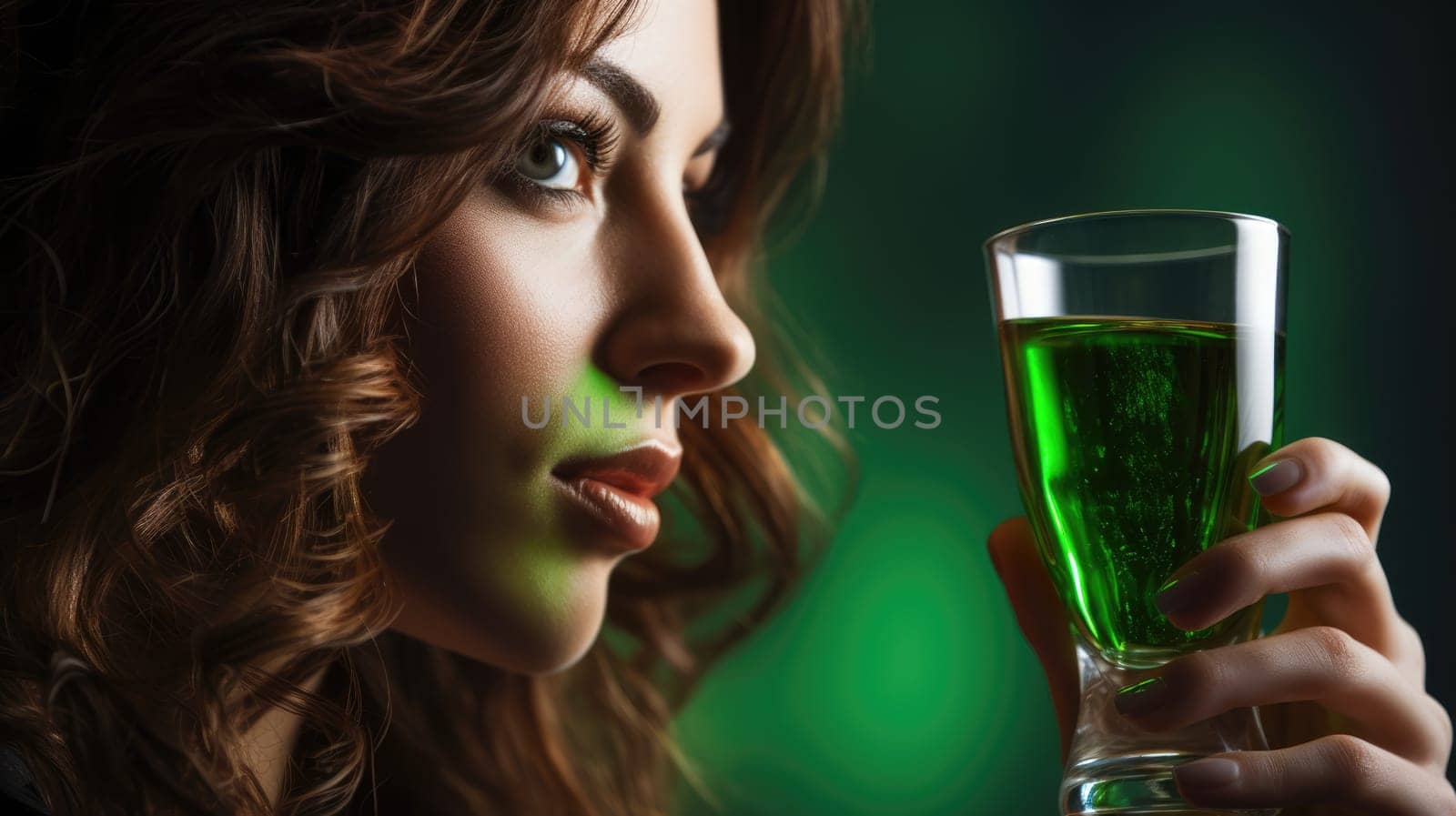 Beautiful brunette woman enjoying glass of green drink at the bar celebrating St Patricks Day by JuliaDorian