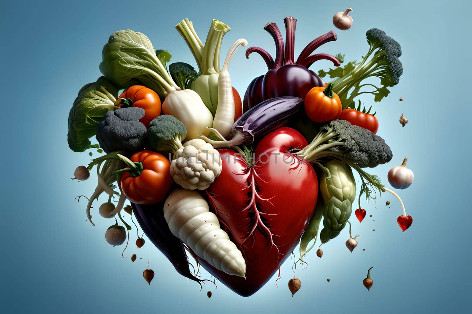 many different vegetables in the shape of a heart. AI generated image.