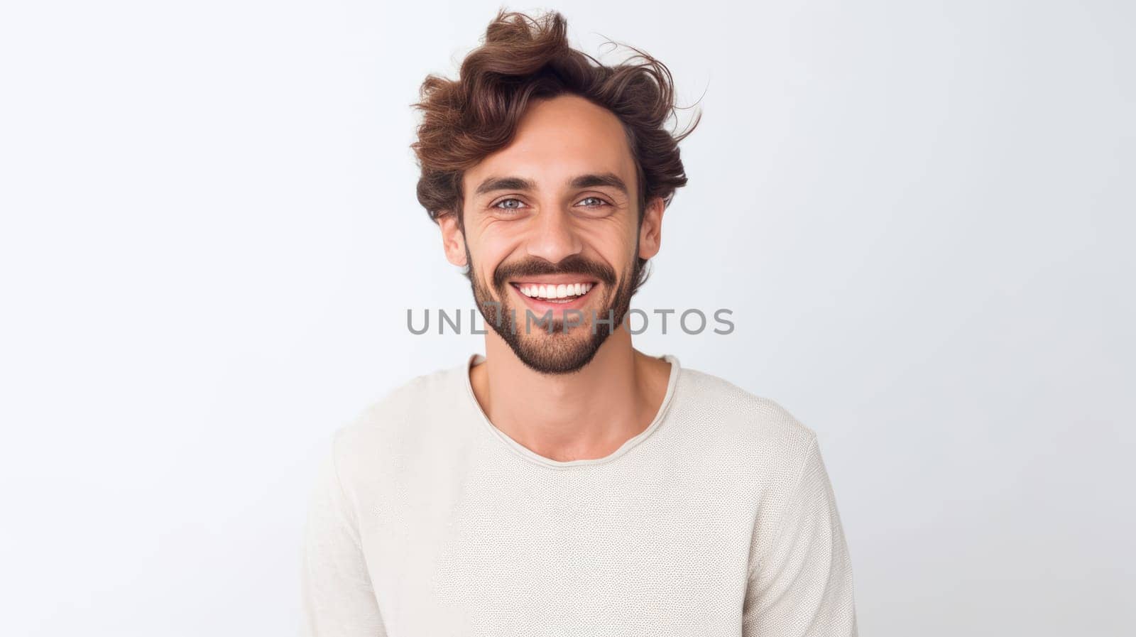 Portrait of happy smiling guy with white teeth looking at camera on white background